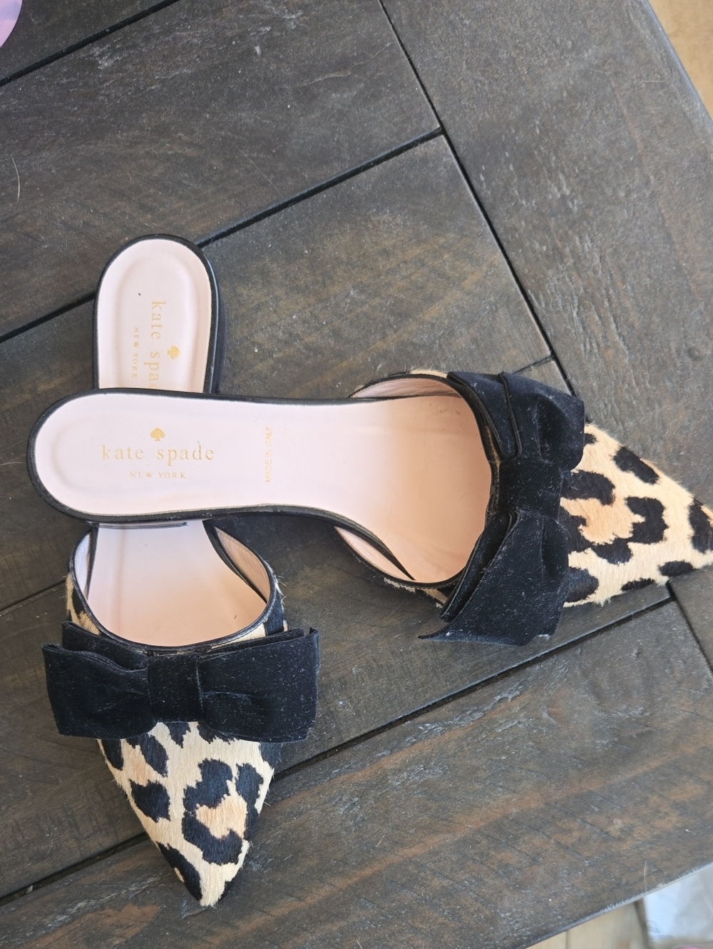 kate spade Black and Beige Leopard Bow Pointed-Toe Mules